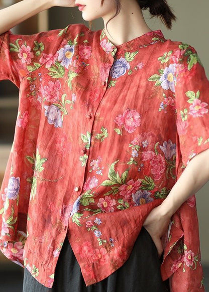 Red Stand Collar Print Cotton Shirt Tops Short Sleeve