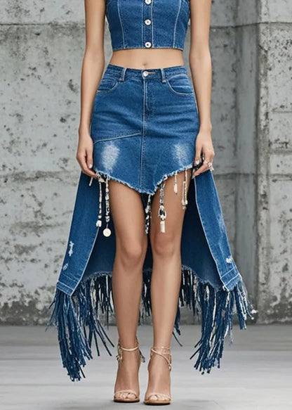 Modern Denim Blue Tasseled Skirt Asymmetrical Design Fall
