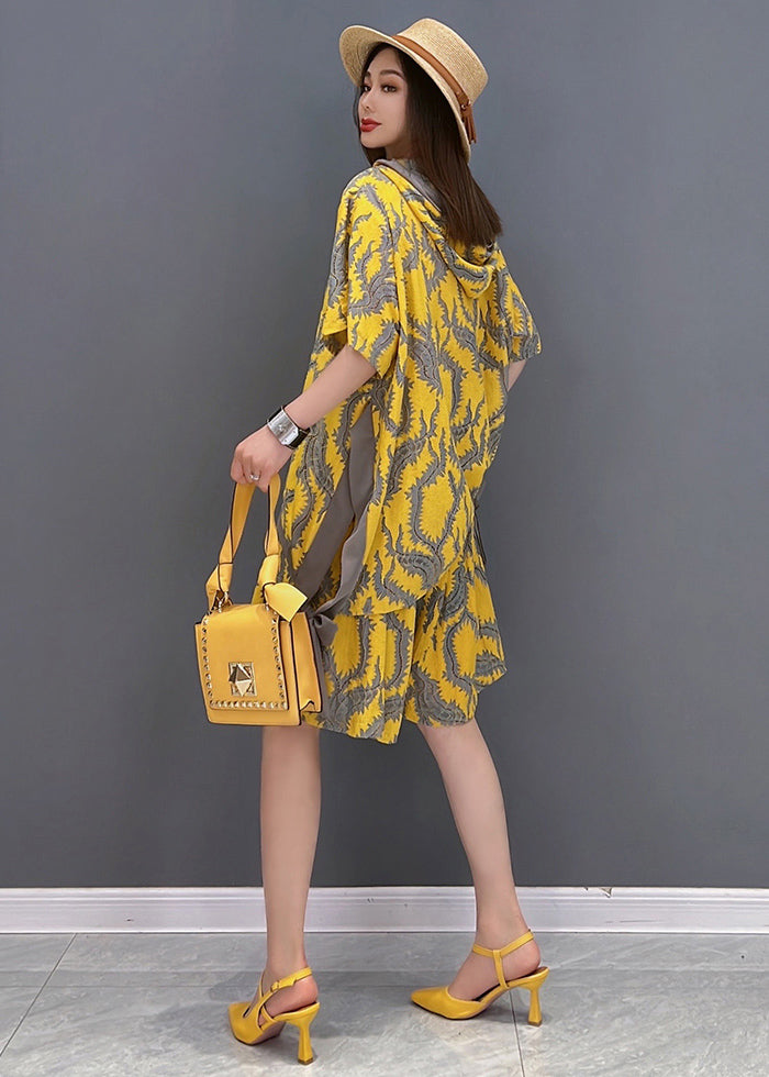 Yellow Hooded Patchwork Print Tops and Shorts Two Pieces Set Summer