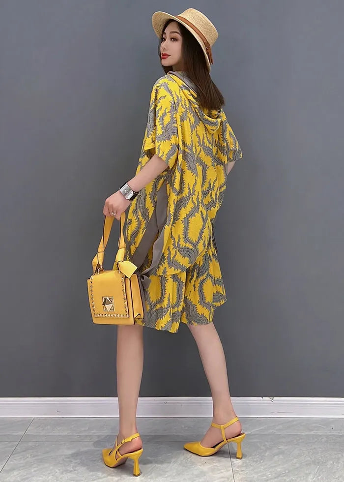 Yellow Hooded Patchwork Print Tops and Shorts Two Pieces Set Summer