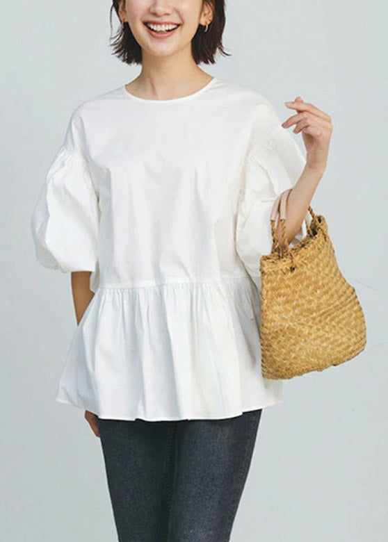 White O-neck Patchwork Cotton Shirt Puff Sleeve