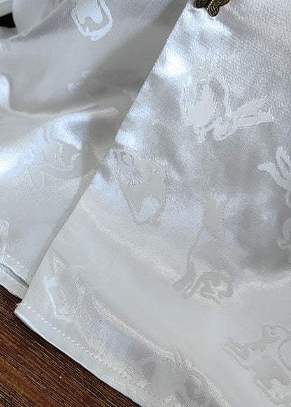 White Stand Collar Patchwork Jacquard Silk Shirts Spring