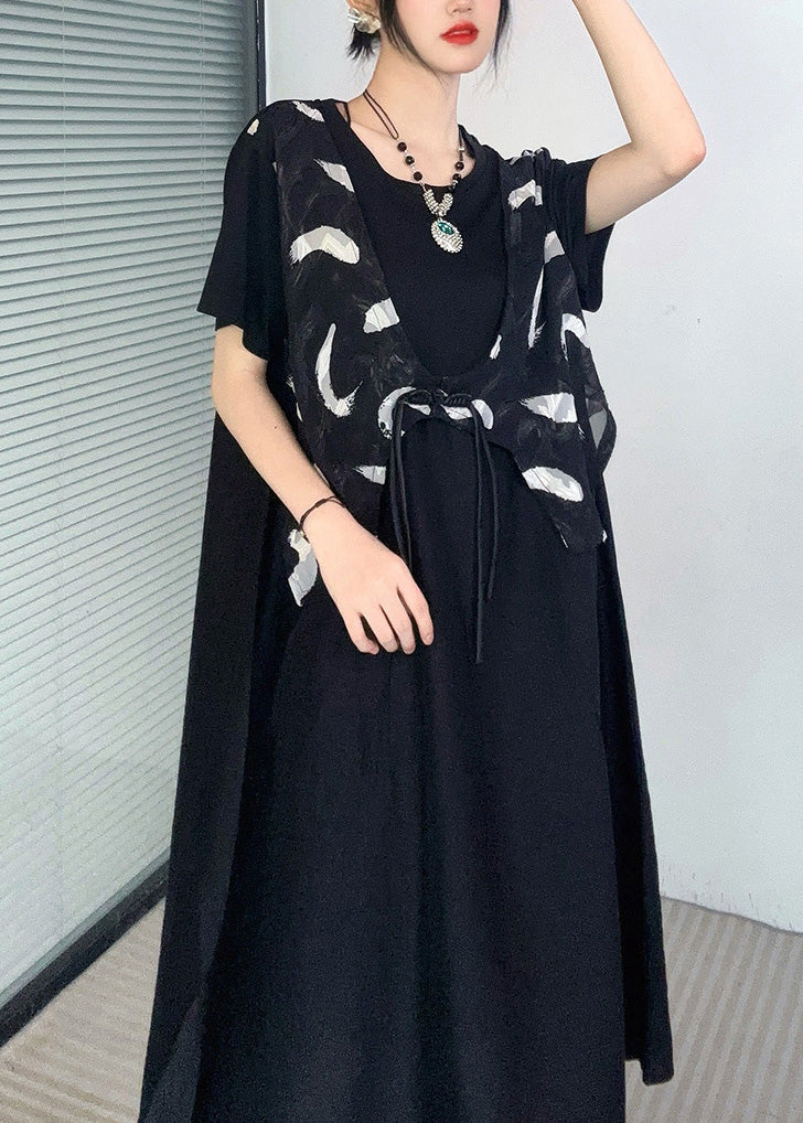 Black Print Button Fake Two Pieces Long Dress Short Sleeve