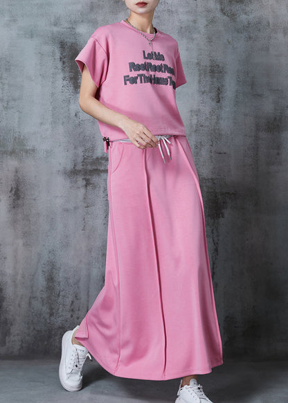 Pink Letter Print Cotton Two Piece Set Outfits Summer