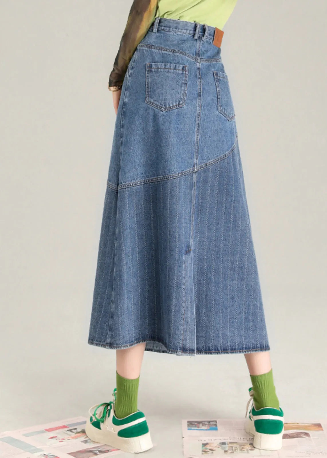 Blue Striped Patchwork Denim a Line Skirt Spring