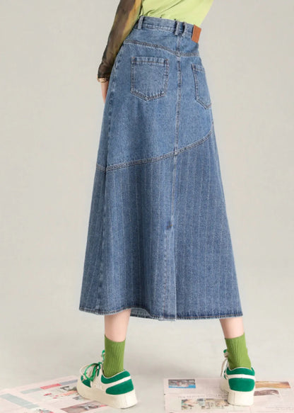 Blue Striped Patchwork Denim a Line Skirt Spring