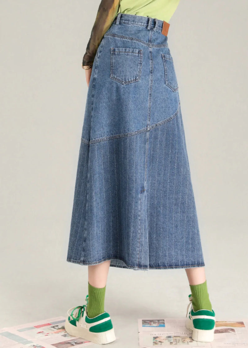 Blue Striped Patchwork Denim a Line Skirt Spring