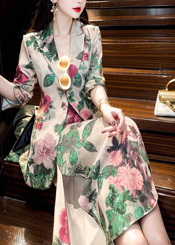 Peter Pan Collar Print Silk Two Pieces Set Fall