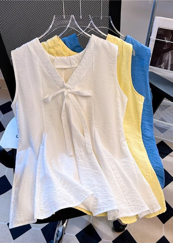 Simple Blue V Neck Bow Cotton Tank Sleeveless