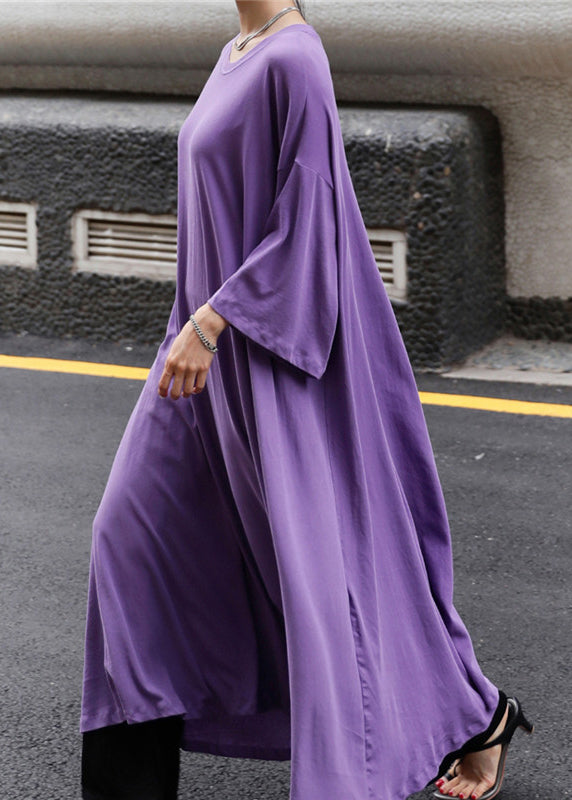 Purple O-neck Cotton Maxi Dress Long Sleeve