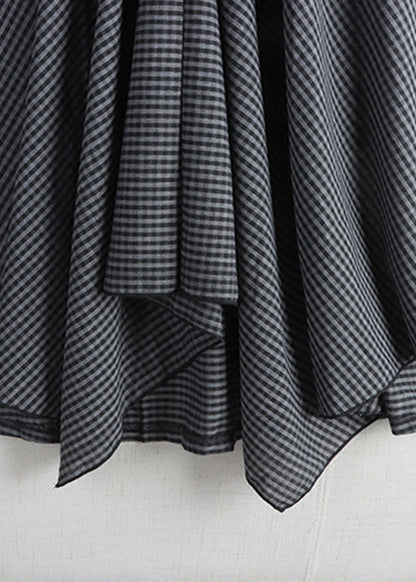 Black Grey Plaid Elastic Waist Cotton a Line Skirt Fall
