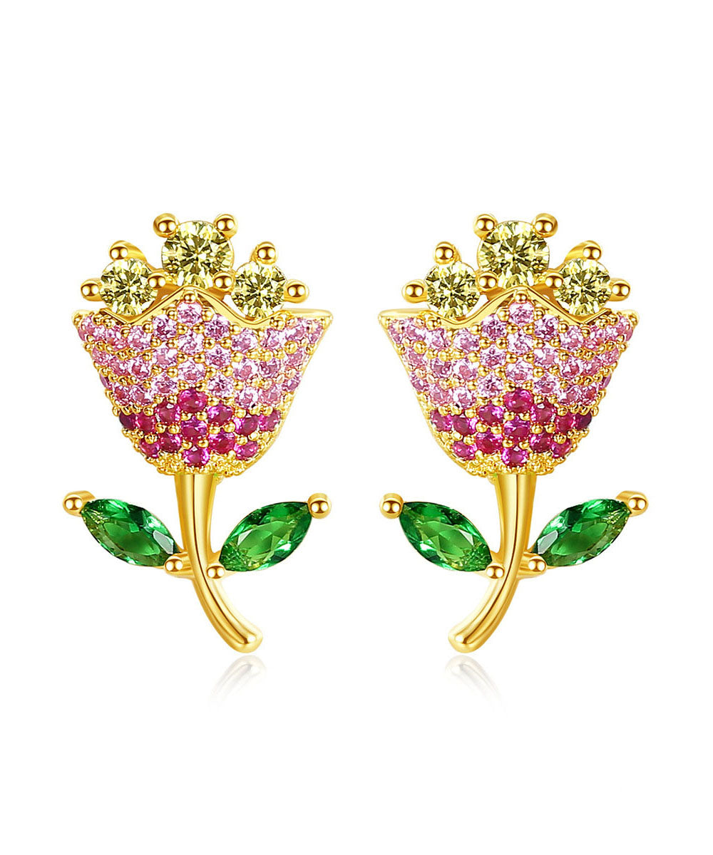 Multi Color Rose Zircon Copper Stud Earrings