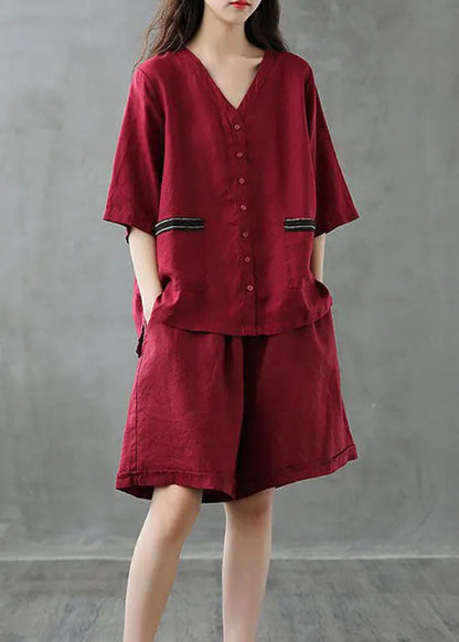Red Button Patchwork Tops and Shorts Linen Two Pieces Set Summer