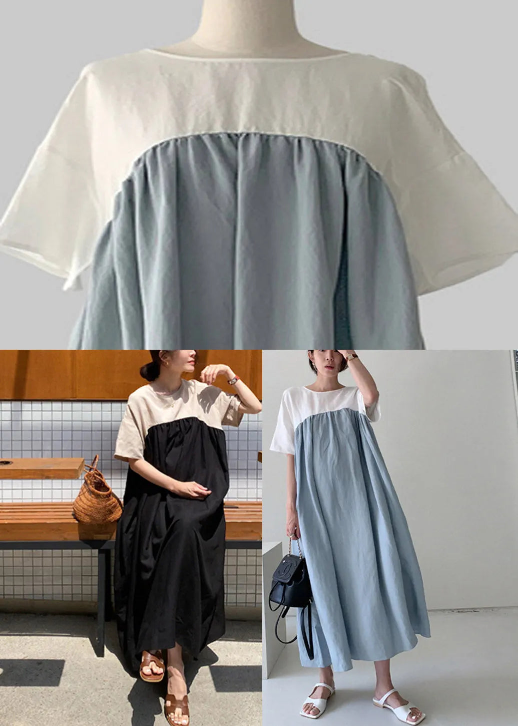 Loose Blue O-neck Patchwork Maxi Dresses Summer