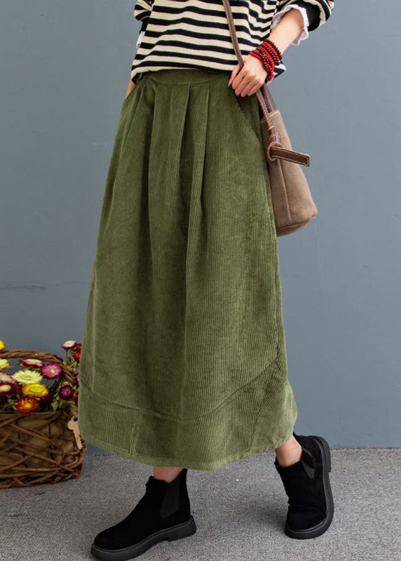 Green High Waist Pockets Corduroy a Line Skirts Fall