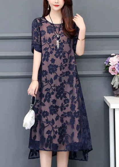 Modern Navy O-neck Embroideried Chiffon Long Dress Summer
