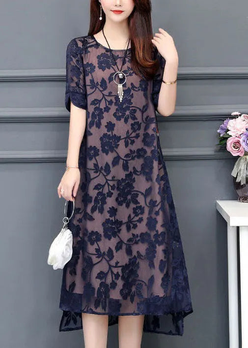 Modern Navy O-neck Embroideried Chiffon Long Dress Summer