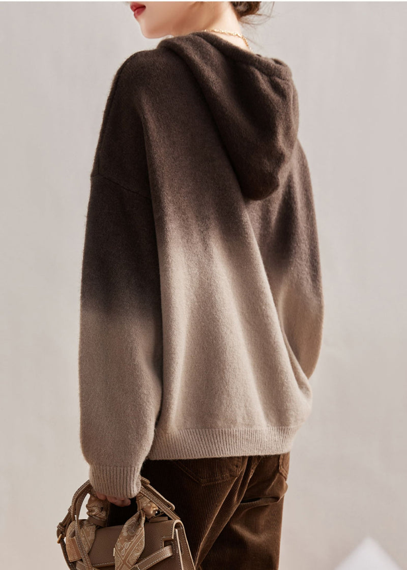 Khaki Hooded Gradient Color Knit Sweatshirts Top Winter