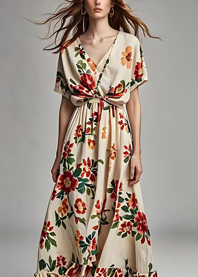 Beige V Neck Print Cotton Long Dress Summer