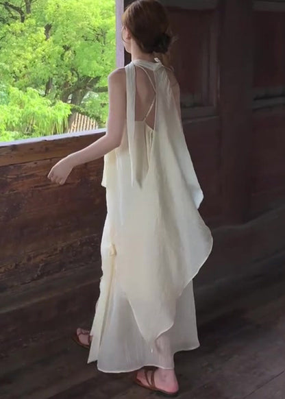Beige Chiffon Holiday Halter Dress Two Piece Set Asymmetrical Summer