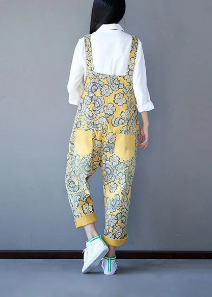 Yellow Patchwork Print Denim Jumpsuit Spring
