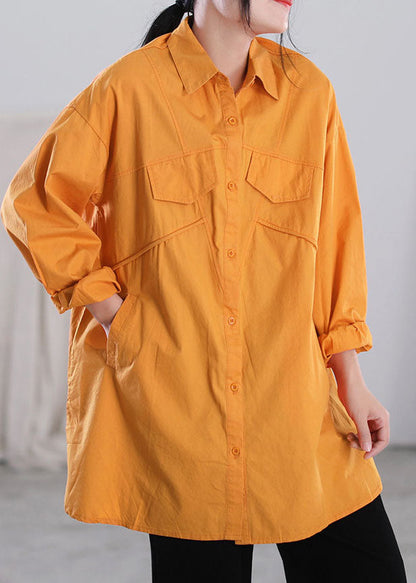Orange Color Patchwork Cotton Shirt Tops Asymmetrical Pockets Long Sleeve