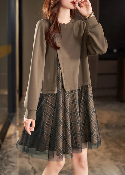Khaki Side Open Patchwork Cotton Fake Two Piece Dress Spring