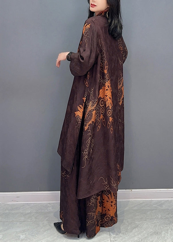 Brown Stand Collar Print Patchwork Silk Two Piece Set Outfits Fall