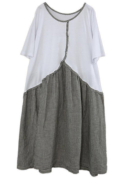 Organic White Patchwork Plaid Cotton Linen Holiday Dress Summer