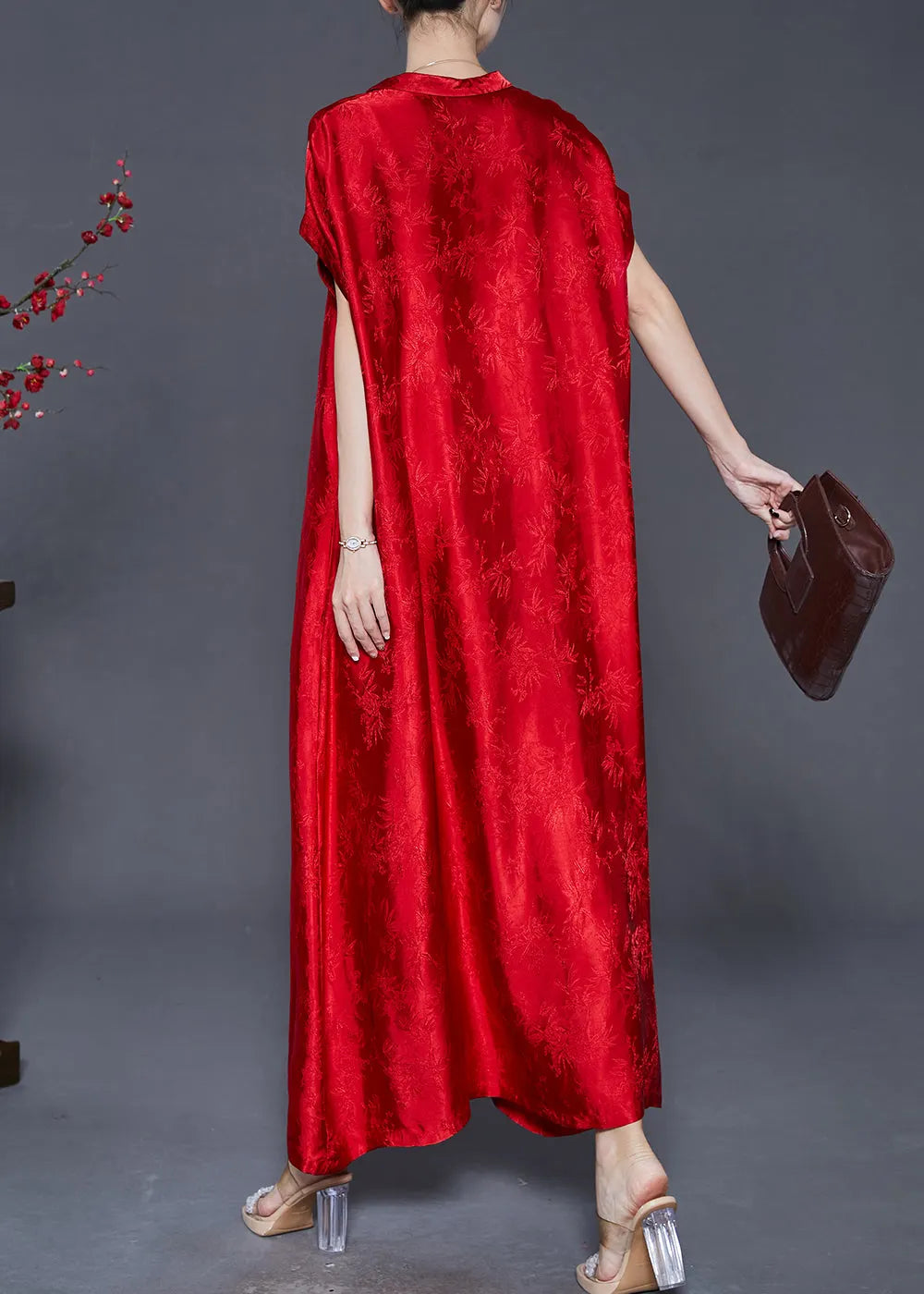 Red Jacquard Silk Robe Dresses Oversized Summer