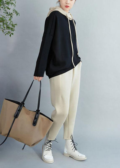 Black Loose Hooded Patchwork Fall Drawstring Sweatshirts Top
