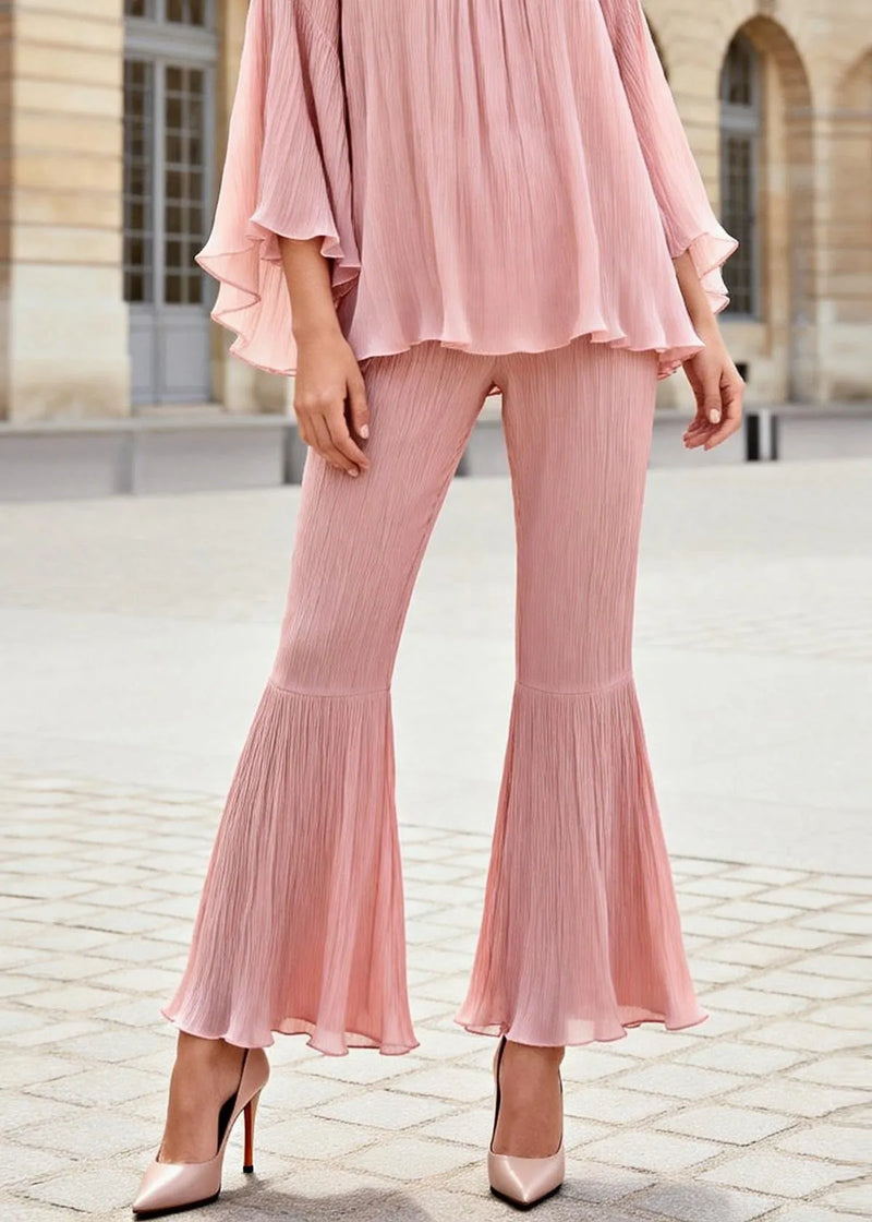 Stylish Pink Ruffled Patchwork Silk Two Pieces Set Spring