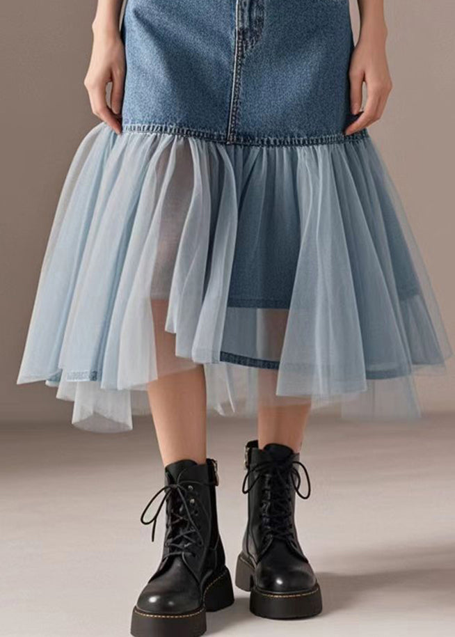 Blue Wraped Patchwork Tulle Denim Skirts Spring