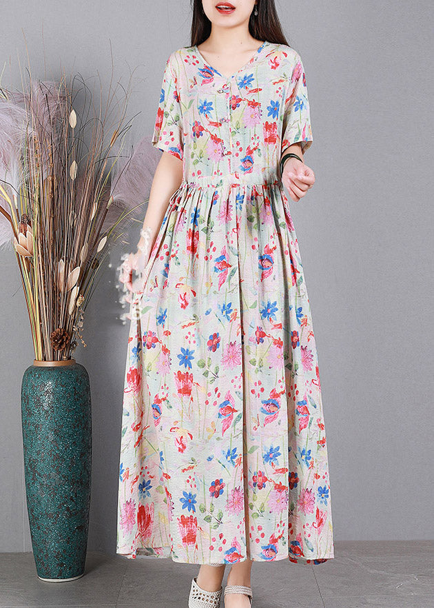 Colour V Neck Print Wrinkled Linen Dress Short Sleeve