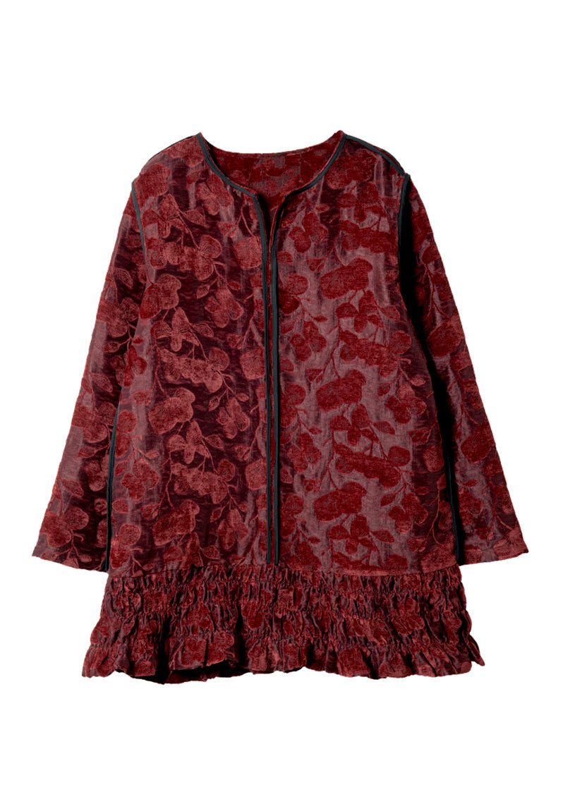 Red O Neck Ruffled Patchwork Velour Mid Dress Spring