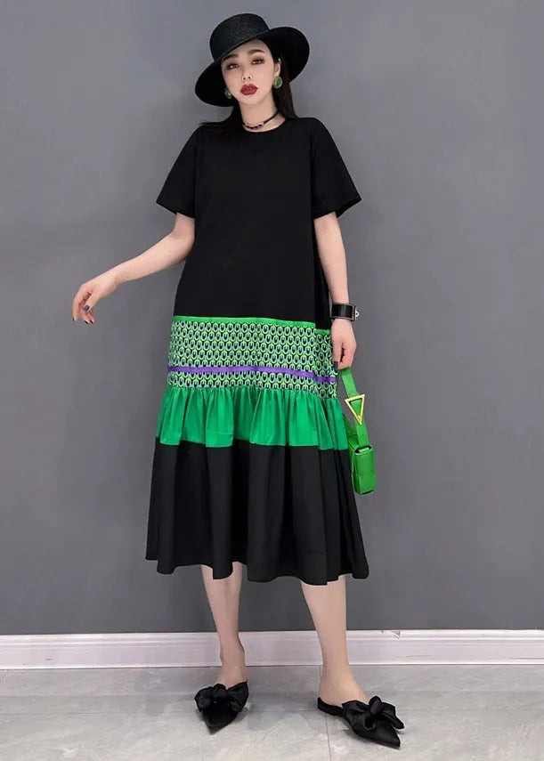Black O-neck T Shirt Patchwork Fishtail Dress Short Sleeve