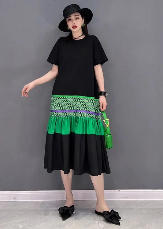 Black O-neck T Shirt Patchwork Fishtail Dress Short Sleeve