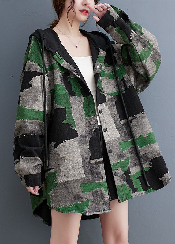 Camouflage Print Wrinkled Hooded Coats Long Sleeve