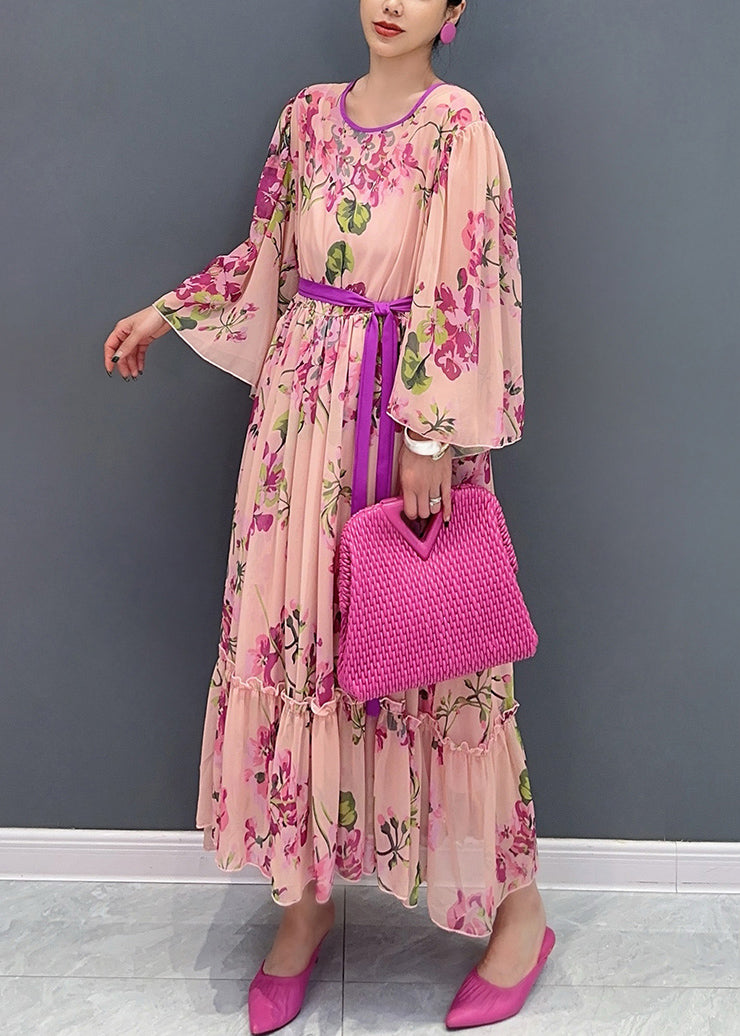 Pink Ruffled Print Tie Waist Chiffon Dress Flare Sleeve