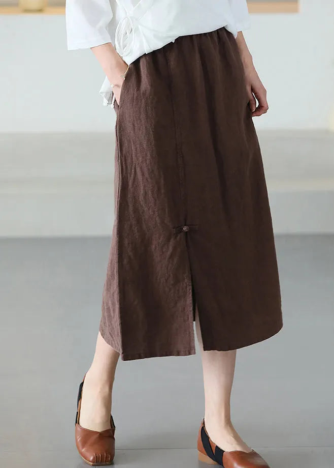 Versatile Coffee Chinese Button Linen Skirt Summer
