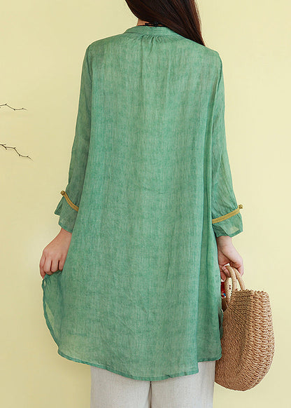 Green Button Thin Patchwork Linen Blouses