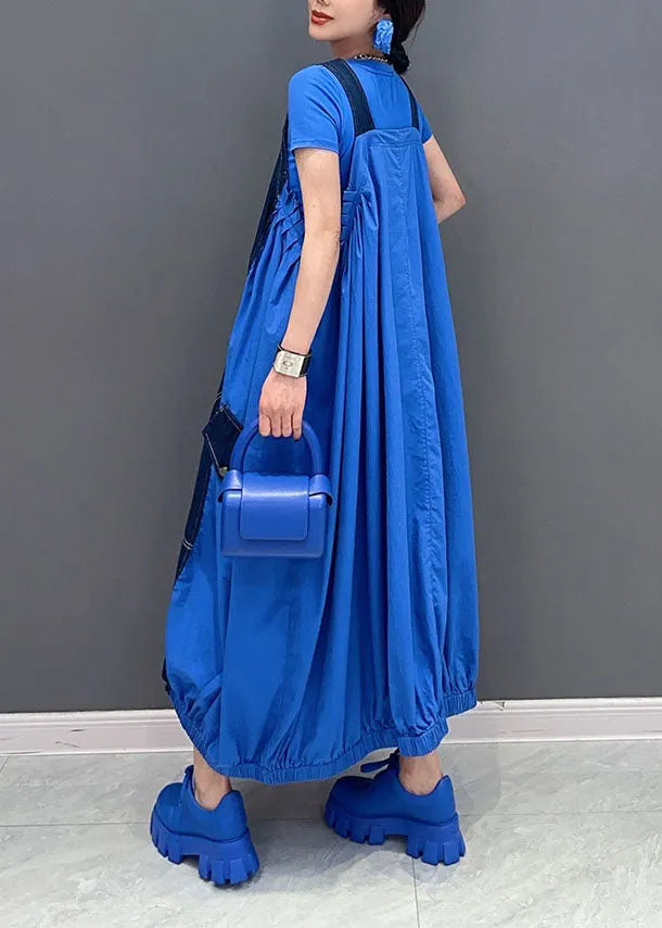 Blue Oversized Patchwork Cotton Denim Strap Dress Summer