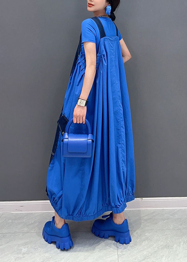 Blue Oversized Patchwork Cotton Denim Strap Dress Summer