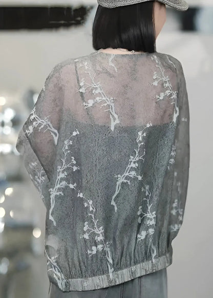 Vogue Grey V Neck Print Button Tulle Coats Batwing Sleeve