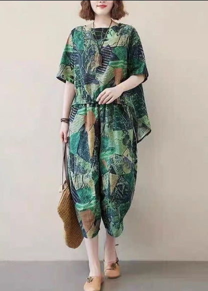 Green Print Cotton Tops and Crop Pants Two Piece Set O-neck Low High Design Summer