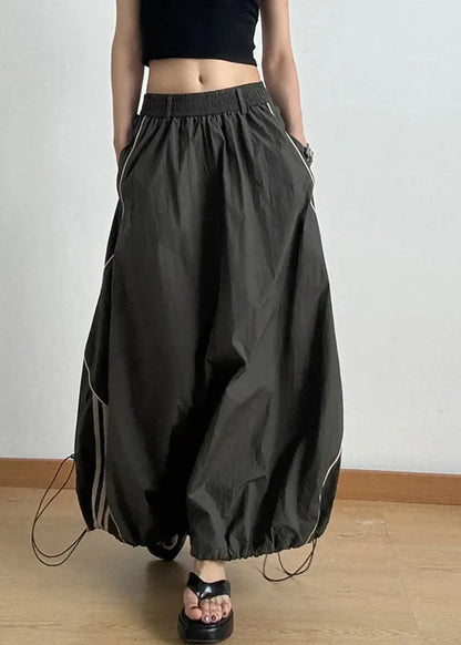 Army Green Elastic Waist Drawstring a Line Skirts Summer