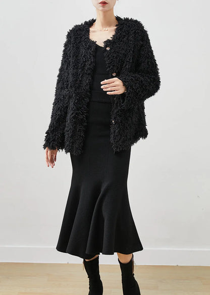 Modern Black Sequins Faux Fur Coats and Dress Two-piece Set Winter