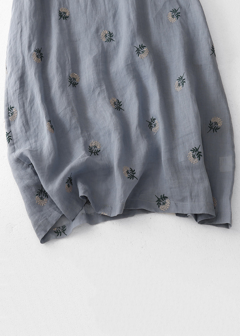 Grey Embroidered Button Cotton Dresses Half Sleeve Summer