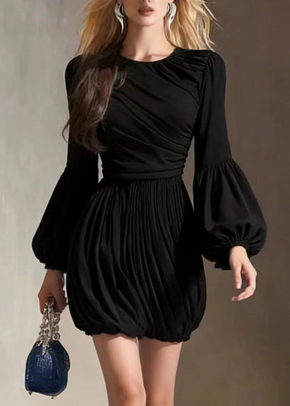 Black O Neck Wrinkled Patchwork Dress Lantern Sleeve