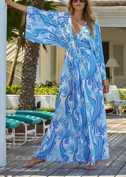 Stylish Blue Print Chiffon Tie Waist Kimono Robe Dresses